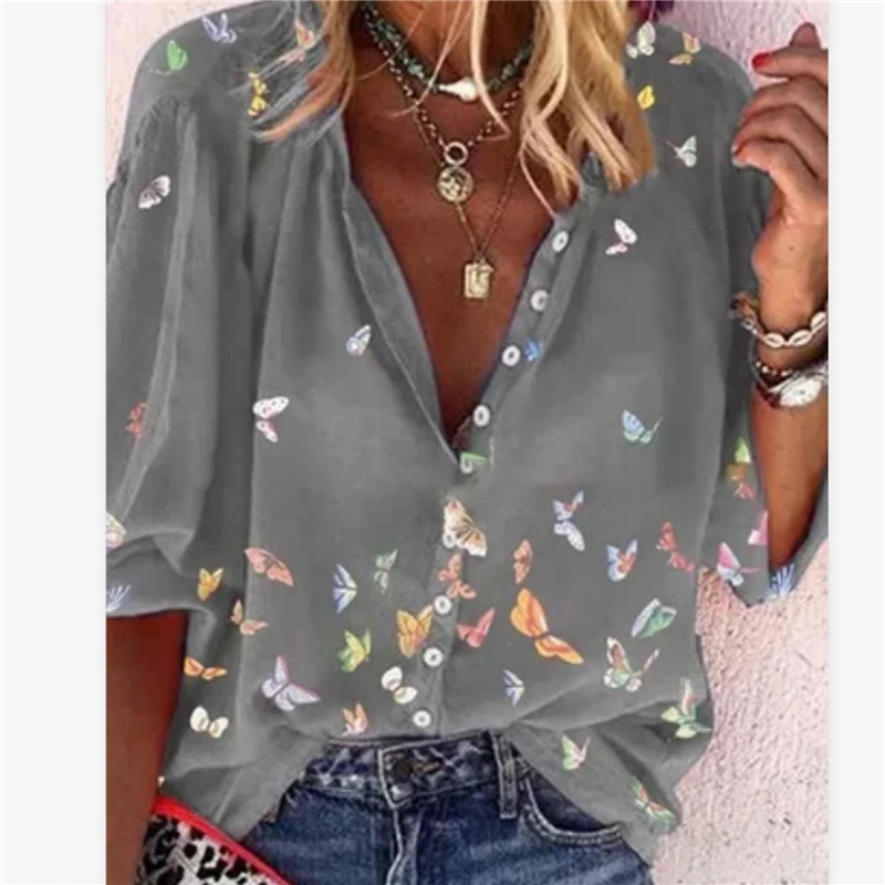 

2022 Summer Tops Women Tops Shirts Ladies Casual V-Neck Long Sleeve Female Top Butterfly Print Buttons Shirt For Women