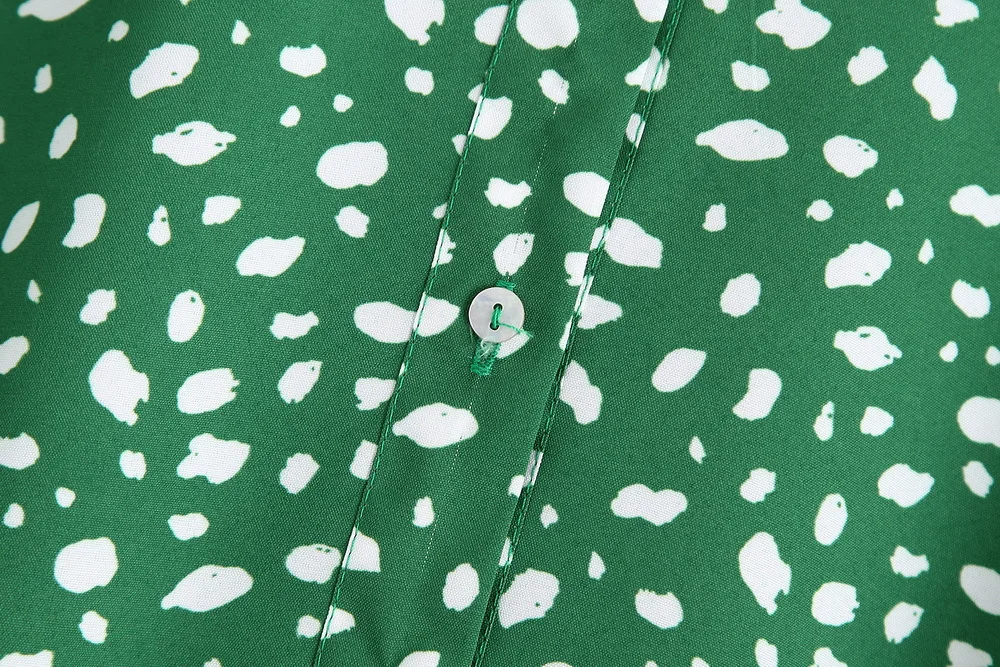 Trendy ZA Green White Dot Print Long Dress Women Boho Turn-Down Collor Belt Split Hem Design Charm Elegant Autumn Style Dress