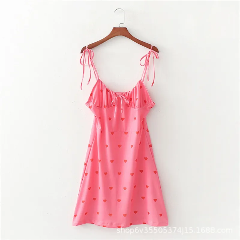 

2021 Summer Sweet Heart Print Dress Women Pink Sexy V Neck Spaghetti Strap Mini Dress Women's Harajuku Bodycon Beach Dresses