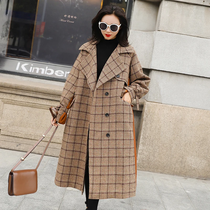 Женские Длинные Клетчатые Шерстяные Пальто Осень Зима теплые винтажные модные
