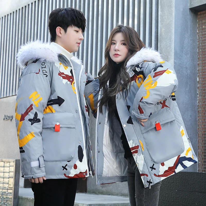 Fashion Cold Autumn Couple Bread Parkas Faux Fur Collar Cotton-Padded Jackets Winter Men's Loose Hooded Coats Outwear Top Cloth