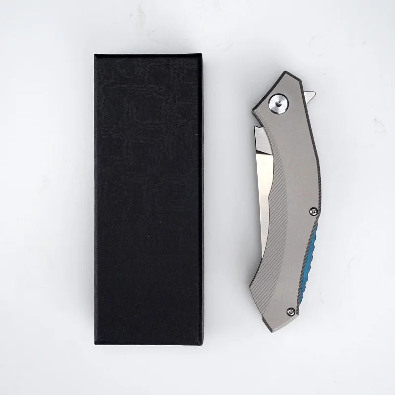 

Titanium Blue Moon Folding Knife with Steel Handle D2 Pocket Knife Tactical Survival Knives Hunting Camping Blade EDC Tool