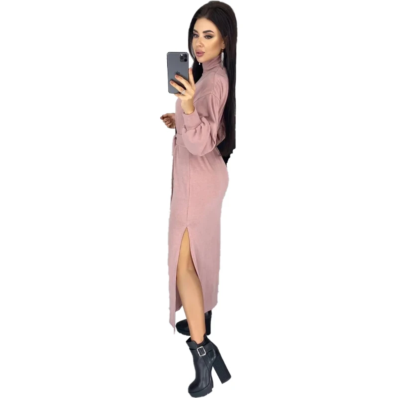 

Women Vintage Lantern Sleeve Sashes Side Split A Line Dress Turtleneck Solid Casual Prom Dress 2021 Spring New Women Party Dress