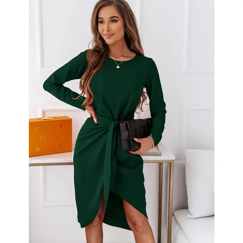 

Женские модные однотонные Асимметричные плиссированные платья миди с длинным рукавом и завязкой на талии