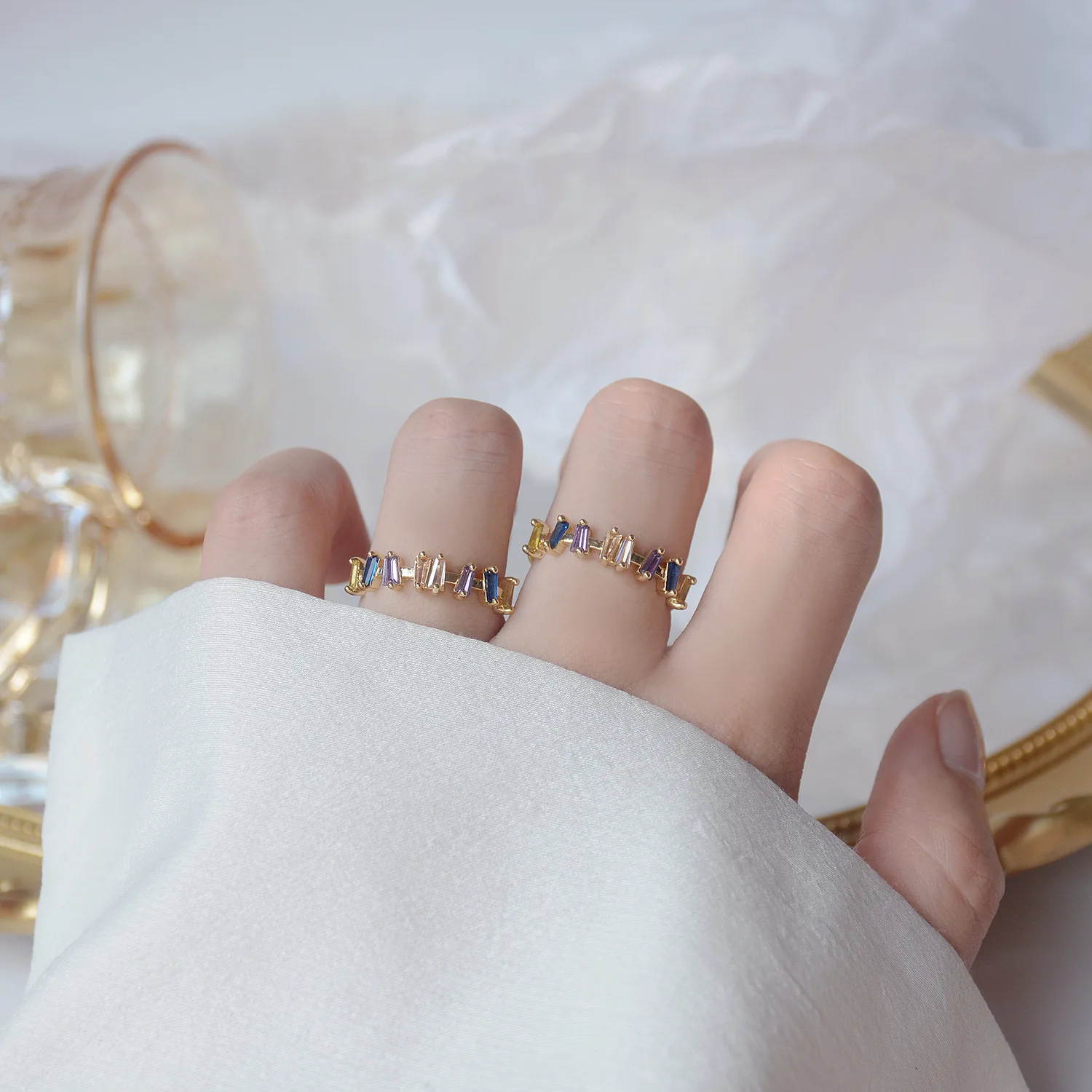 

Ins Hot Sale 14K Real Gold Colored Zircon Open Design Cz Ring for Women Daily Date Jewelry