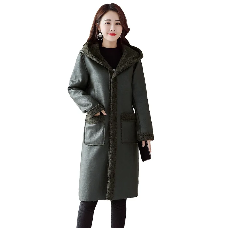 

2019 autumn and winter new Korean version of the loose thin fur one plus velvet thick long trench coat