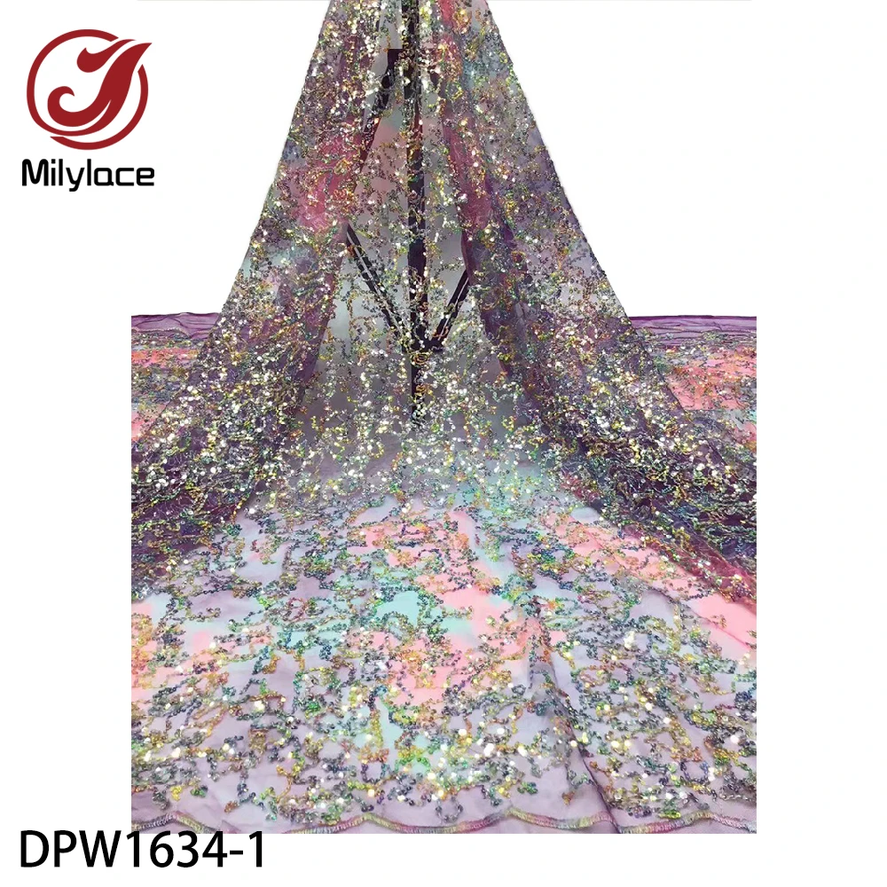 

French Tulle Net Lace Fabric 2020 Hot Sale Nigerian Sequins Embroidered Lace Fabrics 5 Yards for Dress DPW1634