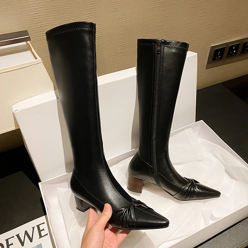 

QZYERAI New Winter Women Warm Thin High Heeled Knee-High Boots Fashion Genuine Leather Wedding Night Club Shoes Woman