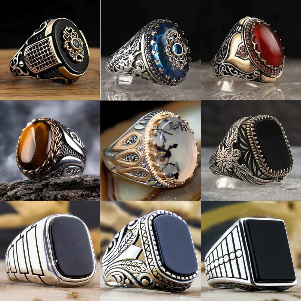 

Retro Handmade Turkish Ring For Men Vintage Double Swords Black Zircon Rings Punk 2021 Trendy Islamic Religious Muslim Jewelry