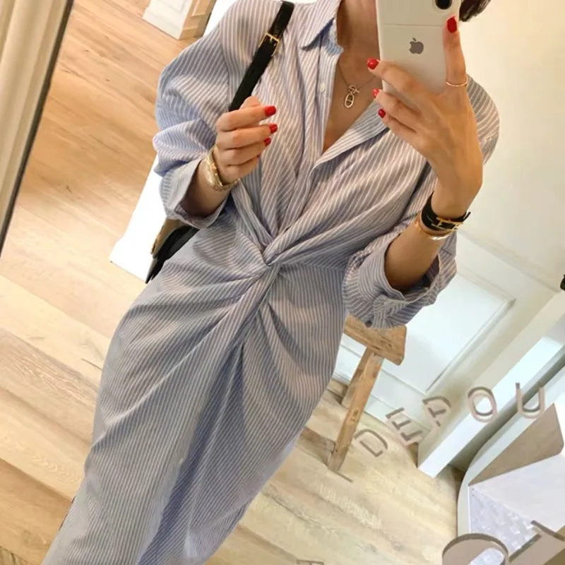 

COIGARSAM Vintage Women dress High Waist V-Neck Dresses Blue 2683