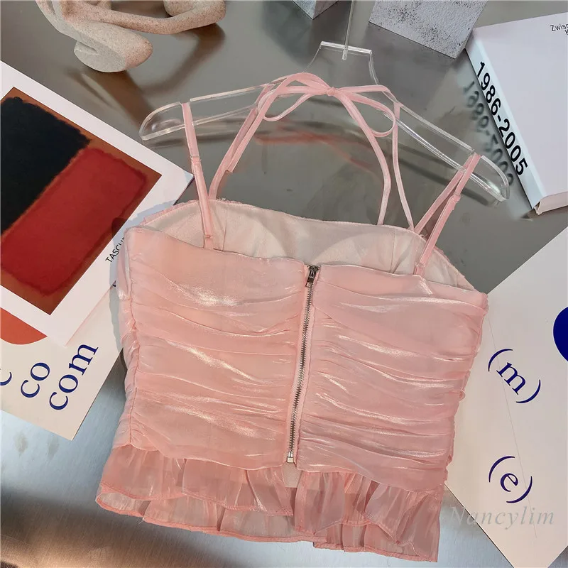 2021 Summer New Korean Style Pleated Design Camisole Sexy Wooden Ear Short Strap Halter Top