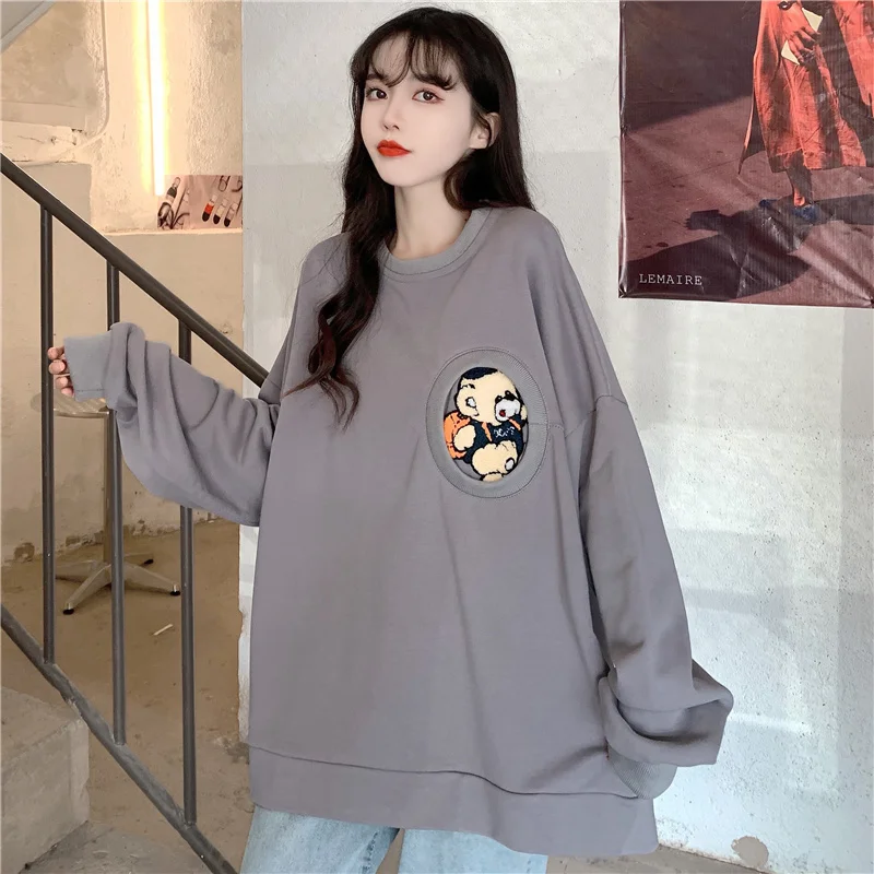 Худи в гонконгском стиле хип-хоп с медведем женский тонкий свободный уличный топ