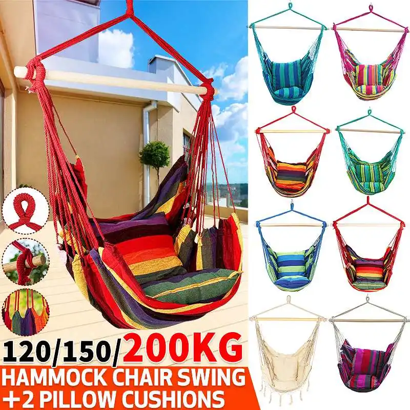

Portable Hammock Chair Hanging Rope Chair Swing Chair Seat with 2 Pillows for Garden Indoor Outdoor Hammock Swings