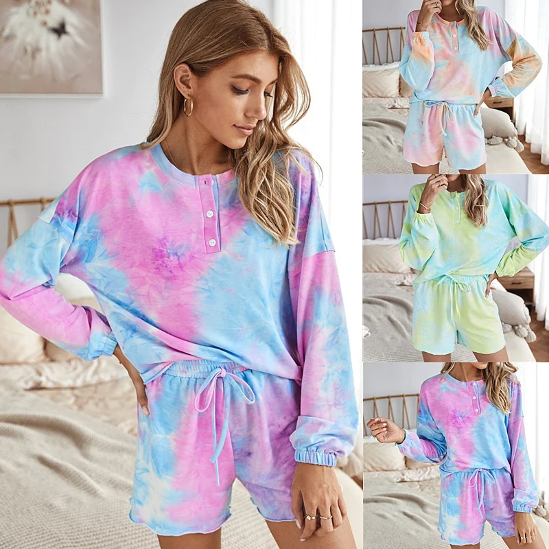 

Womens Tie Dye Printed Ruffle Short Lounge Set Long Sleeve Tops and Shorts 2 Piece Pajamas Set Sleepwear