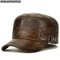 shaluotaotao mens flat cap fashion warm ear protectors genuine leather hat adjustable size brands cowhide military hats winter