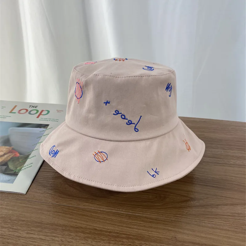 2021 Sweet Spring Summer Wide-Brimmed Women's Fashion Sunshade Flat-Top Fisherman Hat Letter Embroidery Literary Style Basin Hat