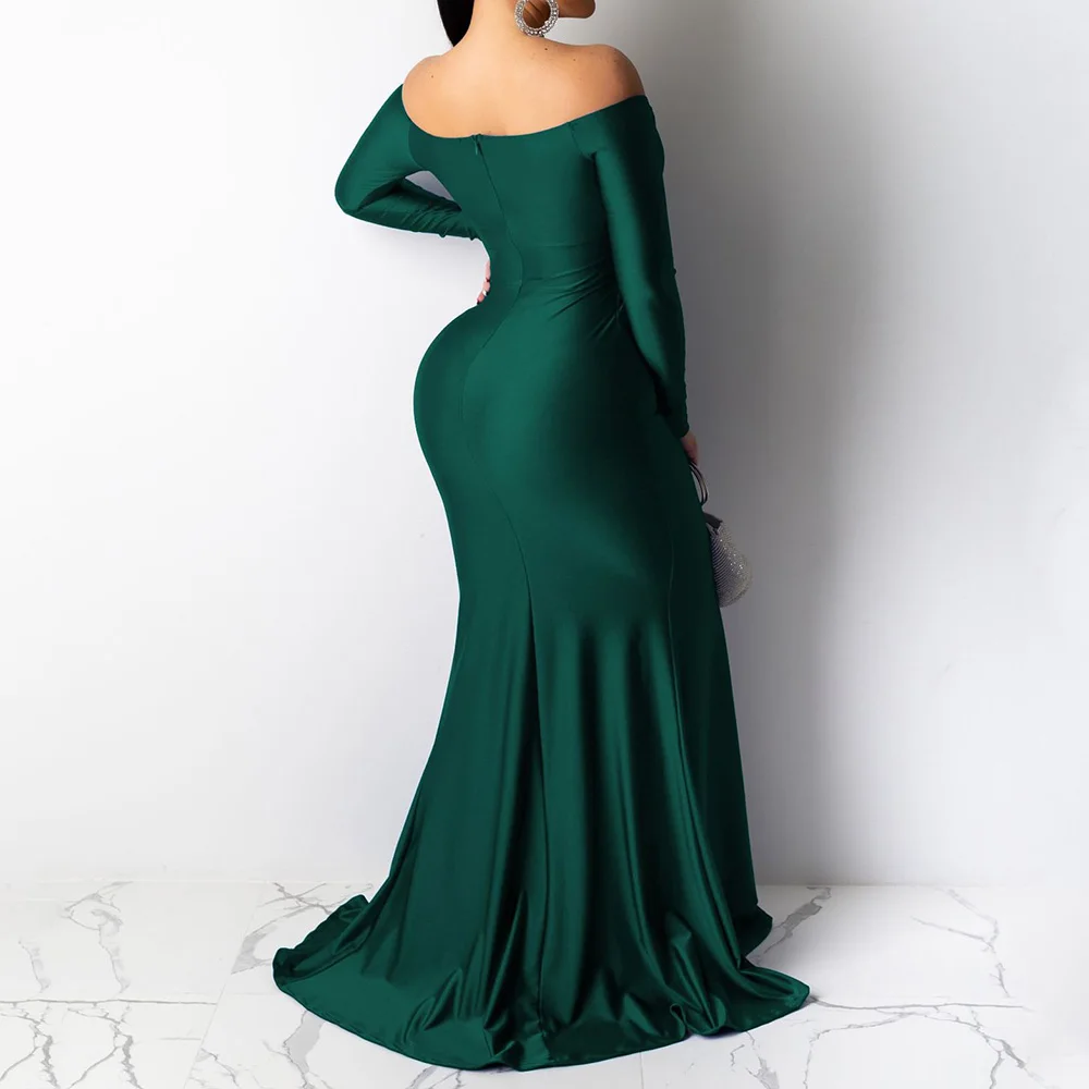 Sexy Nightclub Green Evening Dress Solid Color High Slit Long Female Dresses Autumn Winter Elegant Mermaid Party | Свадьбы и