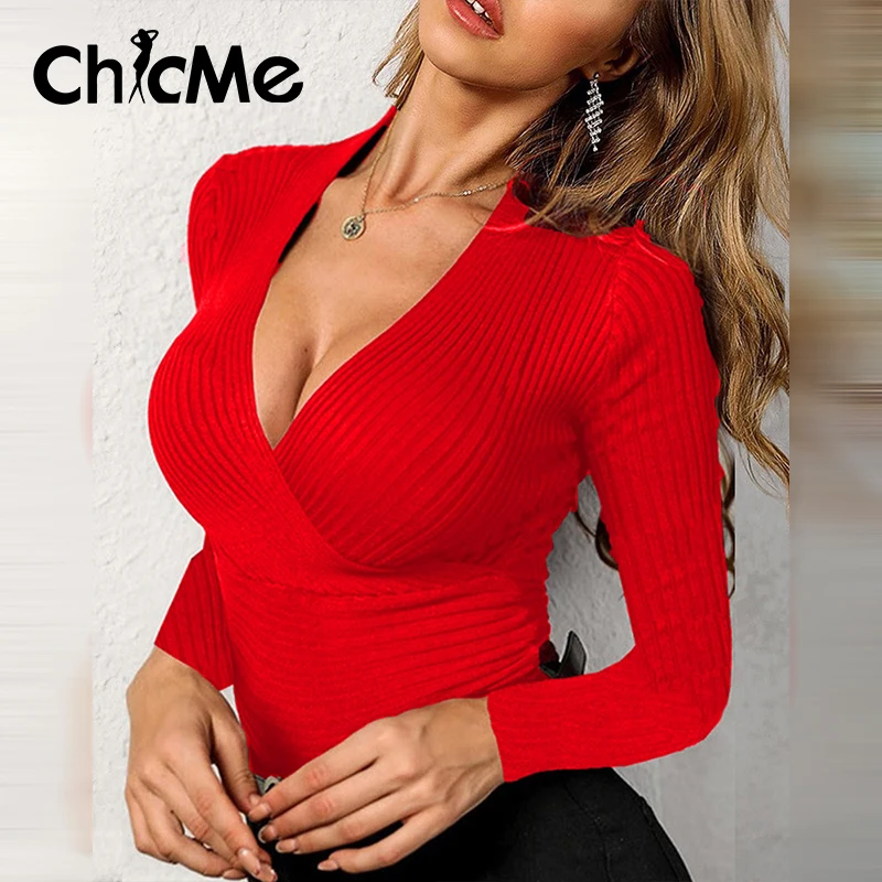 

Chicme Long Sleeve Rib-Knit Slim Fit Sweater Skinny Knitted Top Women Plunge Solid Color Casual V Neck Jumper Spring 2022