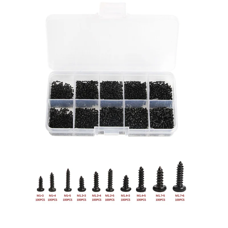 

1000Pcs Assortment M1 M2 M1.4 M1.7 PA Phillips Head Micro Screws Round Head Self-tapping Electronic Small Wood Screws Set