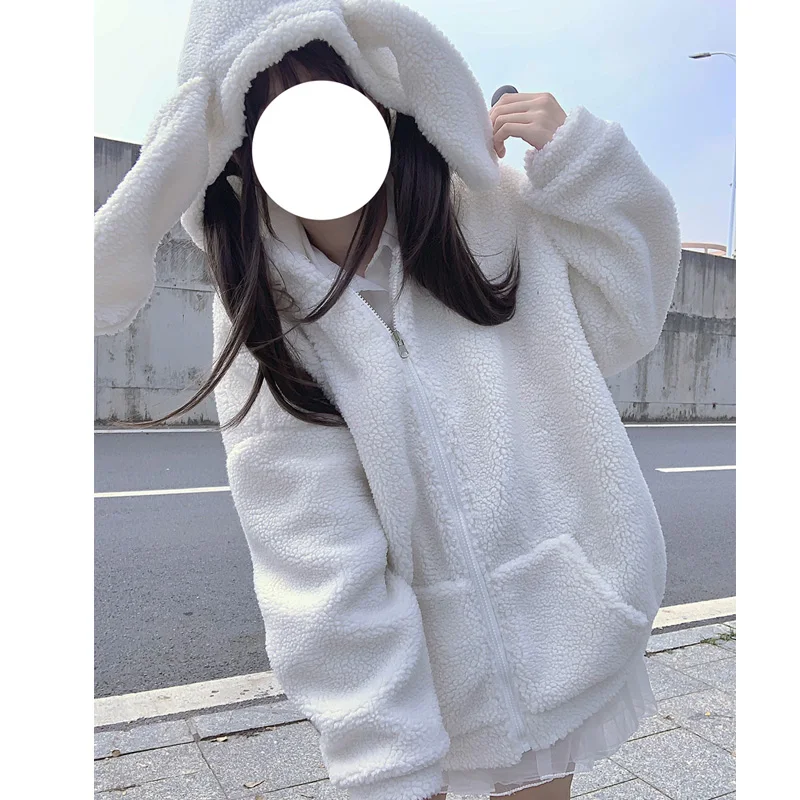 Japanese Sweet Loli Girly Winter Coat Kawaii Rabbit Ear Hooded Cute Lambswool Full Sleeve Zipper Keep Outerweat Y2k Women Jacket