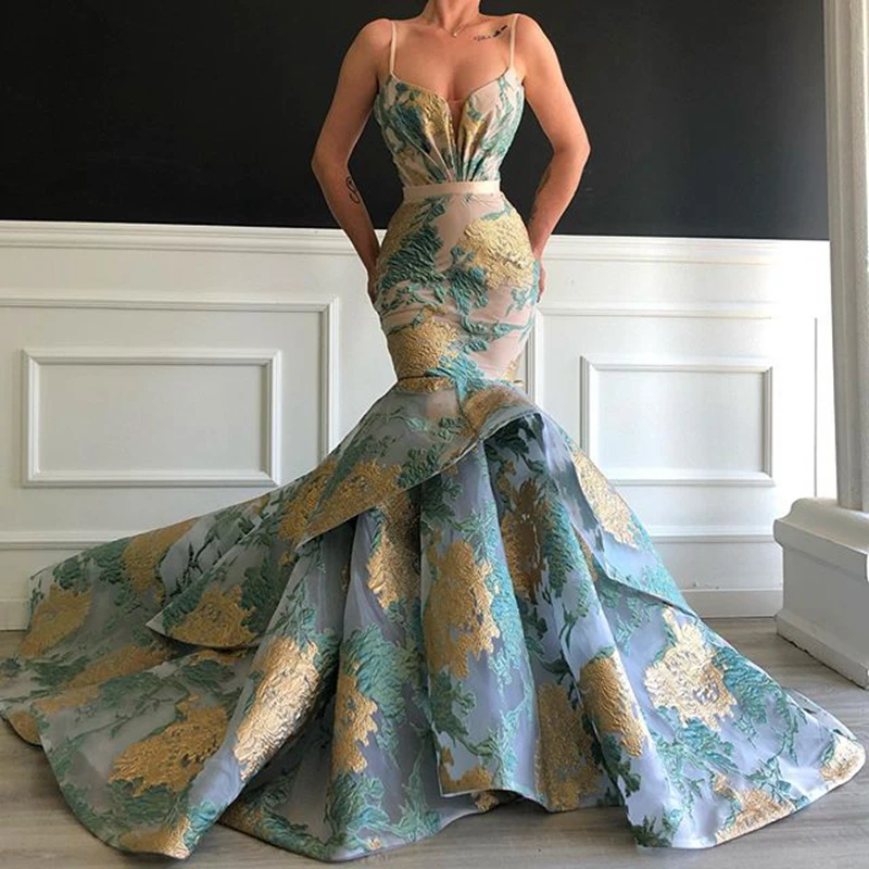 

Long Elegant Arabic Mermaid Women Evening Dresses 2022 Spaghetti Strap Floral Print Dubai Formal Evening Gowns robe de soiree