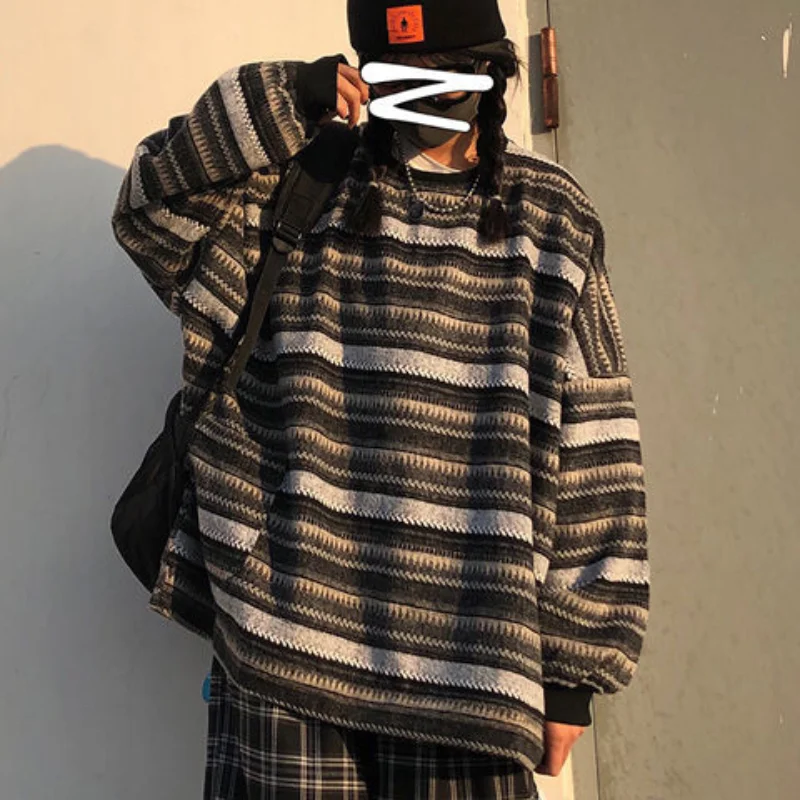 

Pullover Women's Round Neck Oversized Sweater Y2K Unisex Casual Striped Knit Long Sleeve coat Fashion Retro Sweater Women's top