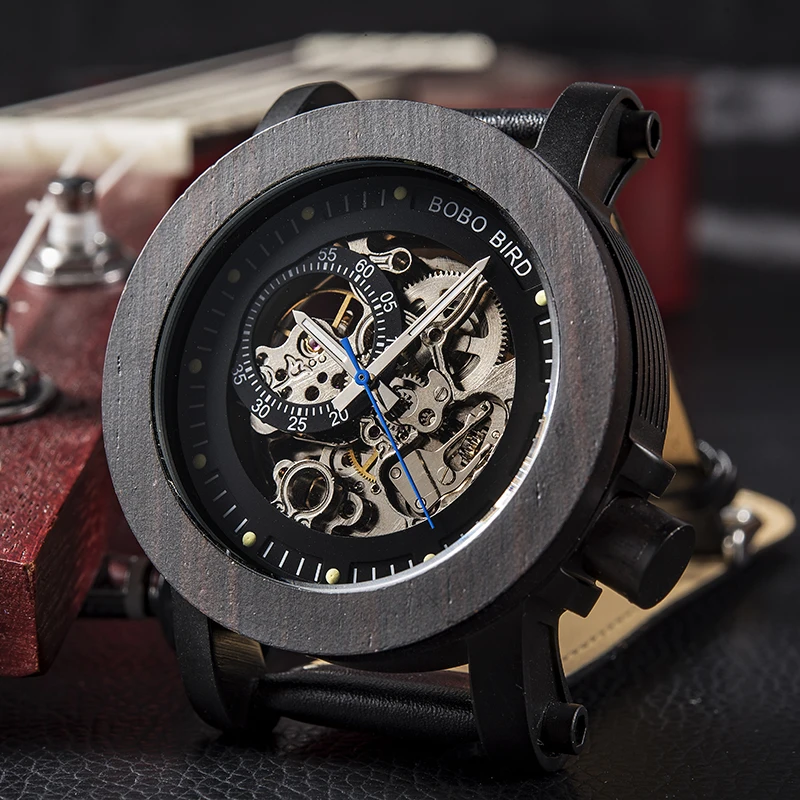 

relojes hombre BOBO BIRD Mens Wooden Watch Mechanical Watch Mens Top Luxury Brand with Real Leather Strap in Gift Box