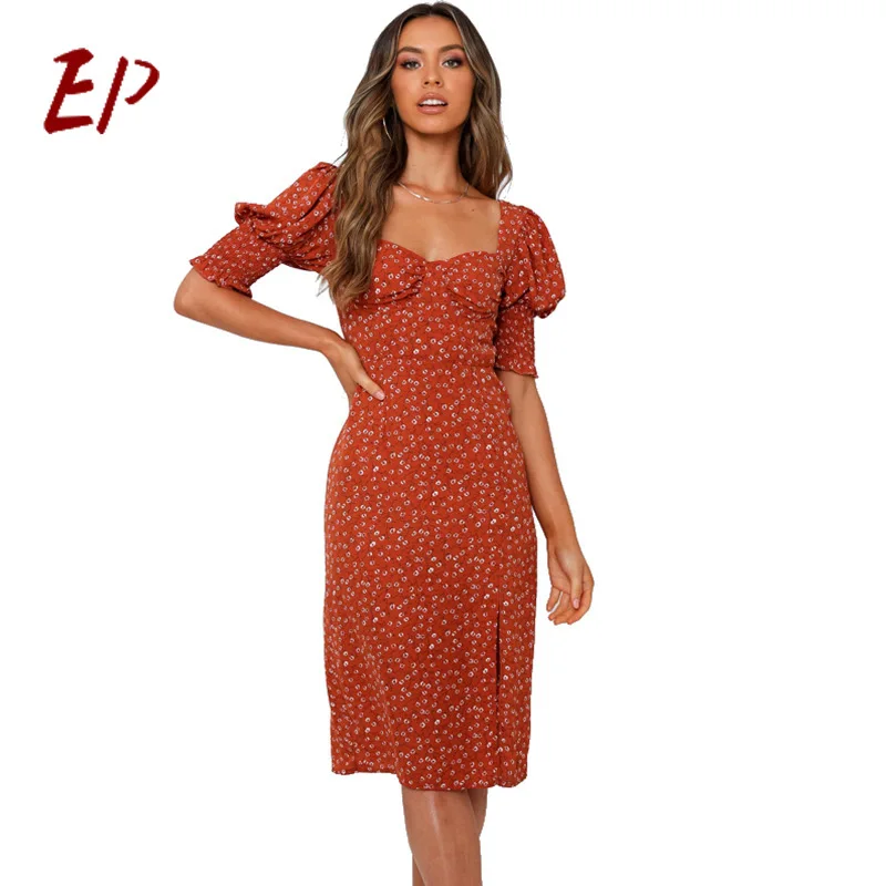 

EP 2021 New Arrival Casual Women's Chiffon Floral Print Short Sleeved Dress With Square Neck Dresses For Women