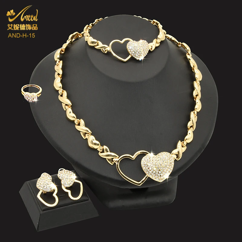 

Dubai Gold Color Jewelry Sets For Women Pakistani Wedding Bridal XOXO Heart Crystal Necklace Nigerian Bracelet Earring Ring