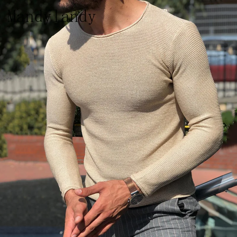 

Весна-осень, прямой пуловер с круглым вырезом Mandylandy, вязаный свитер, мужской повседневный однотонный облегающий свитер с длинными рукавами