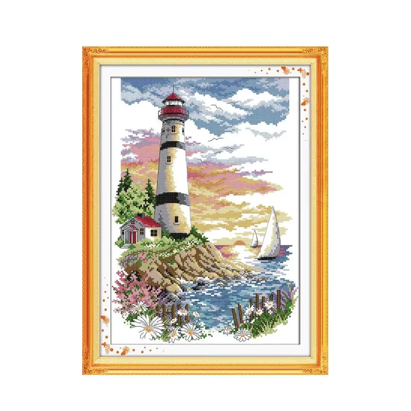 Joy Sunday Seaside Lighthouse Small Scenery Cross Stitch Kits Printed Chinese Counted Embroidery Needlework Decorations for Home