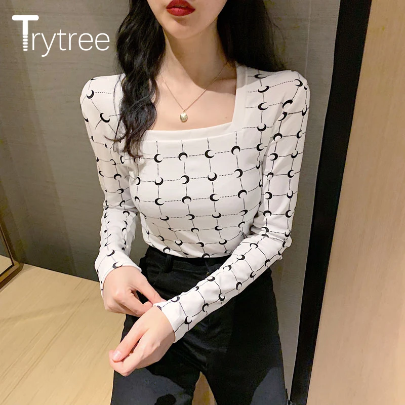 Весенняя женская футболка Trytree 2020 Повседневная облегающая с квадратным