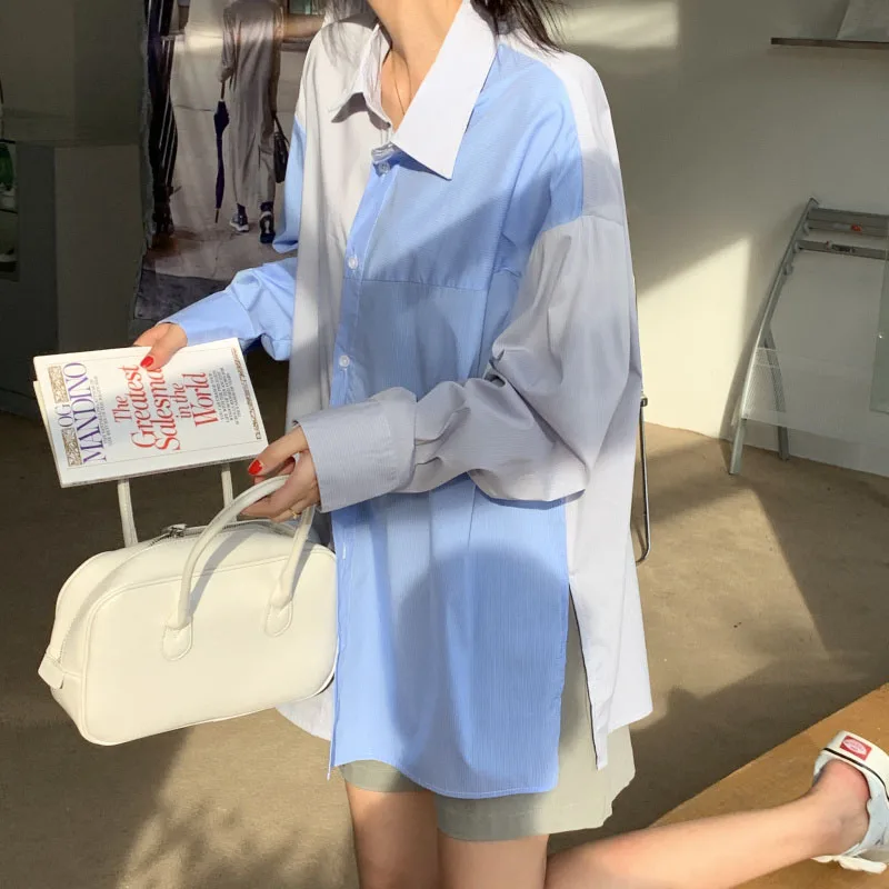 

Korean Clothing Women's Tops and Blouses OL Style Loose Blouse Women Shirts POLO Collar 2021 Long Sleeve Patchwork Casual Blue