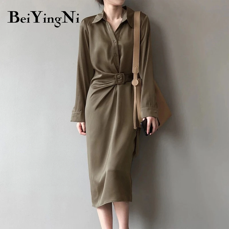 

Beiyingni Korean Design Long Mid-Calf Shirt Dress Satin Luxury Temperament OL Slim Sashes Women Dresses Pure Color Elegant Dress