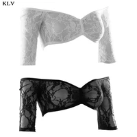 women plus size seamless arm shaper half sleeve strapless off shoulder underwear see through floral lace ruched slip on crop top