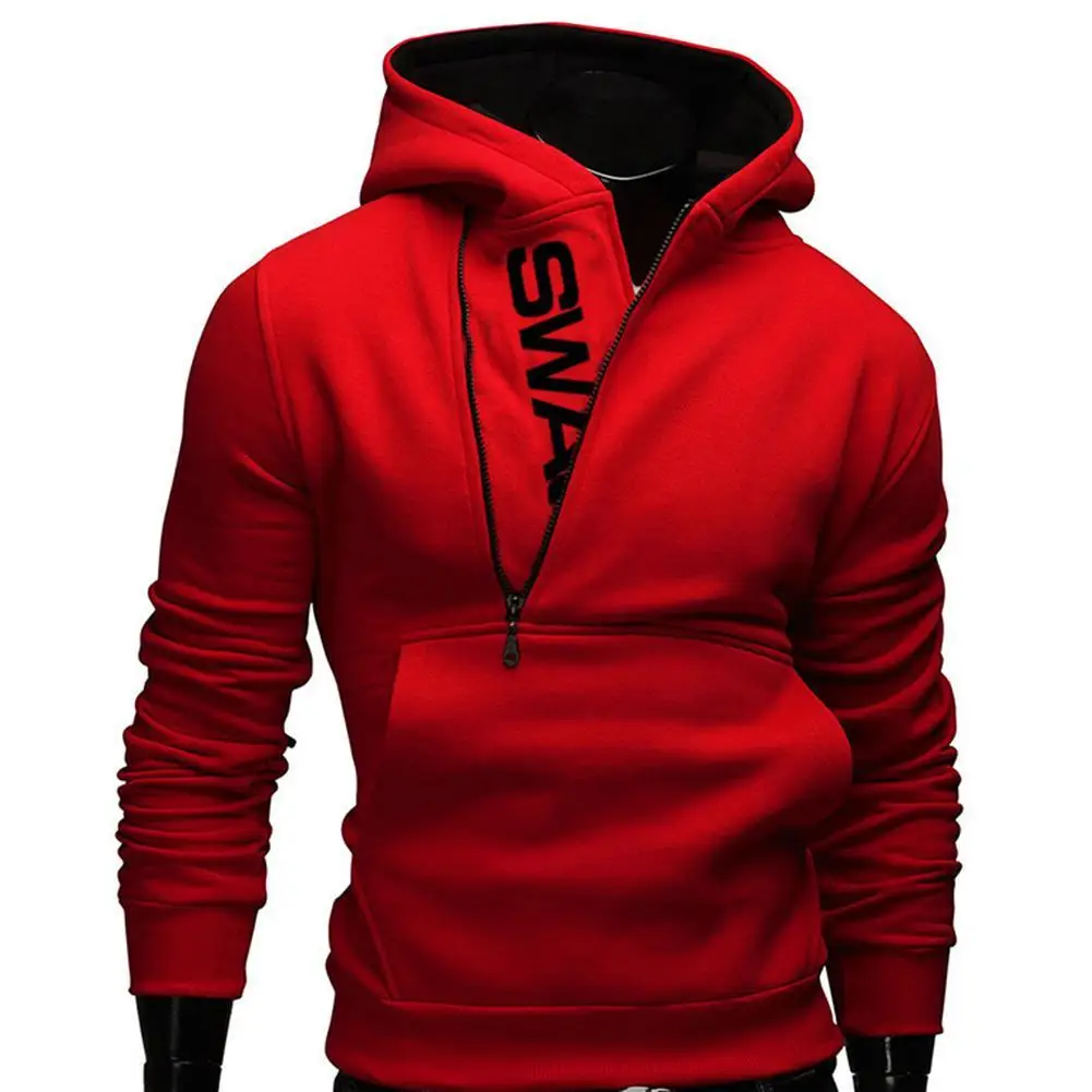 

Sports Men Plus Size Slant Zipper Letter Hoodies Long Sleeve Hooded Sweatshirt