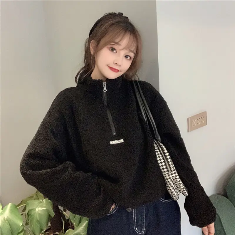 

Autumn winter hoodies women new imitation lamb velvet short plus velvet thick hooded sweatshirt female loose student jacket tops