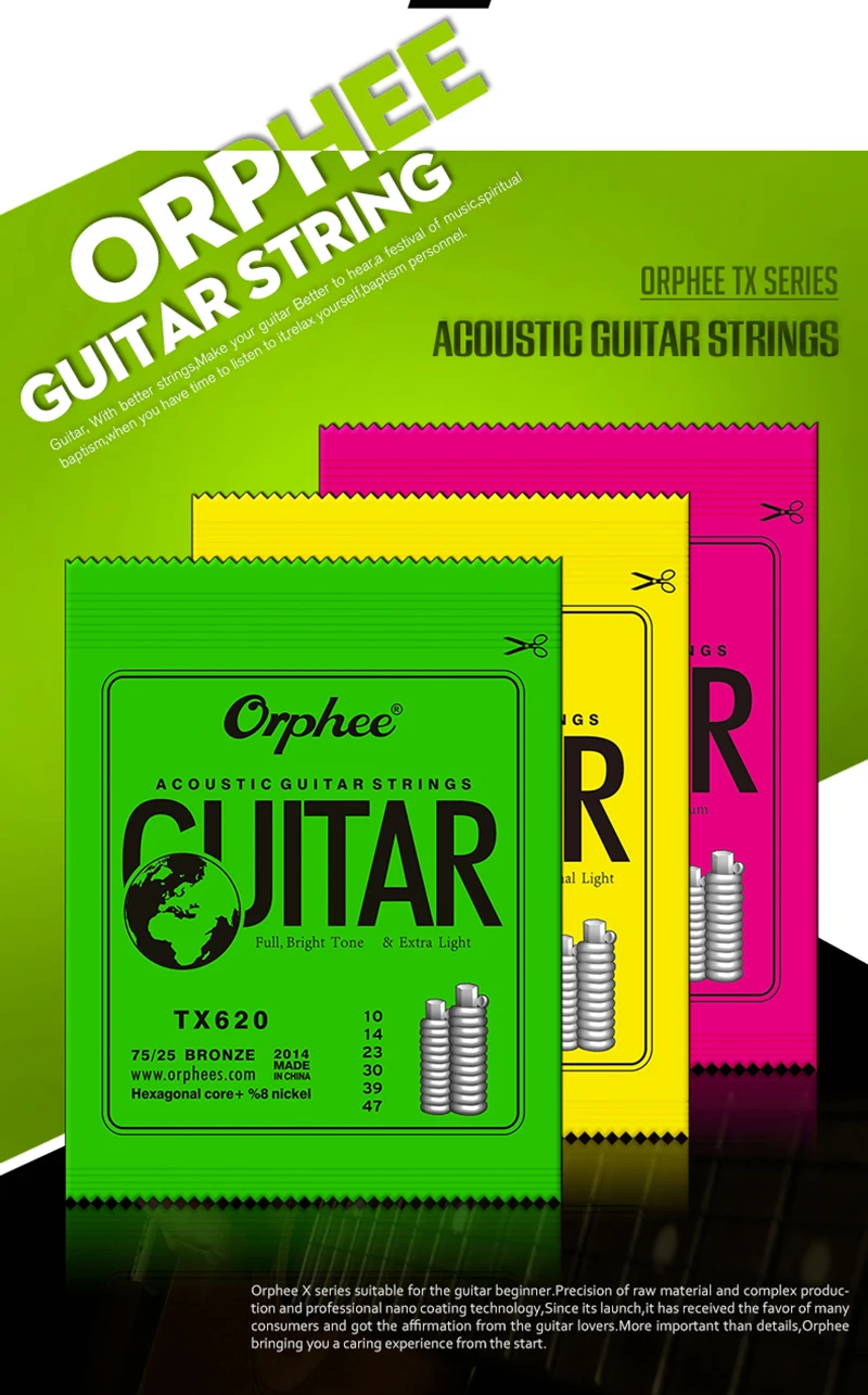 Orphee TX серия акустические гитарные струны зеленый фосфор народные шестиугольные Углеродистые стальные струны для классической гитары Музыкальные инструменты