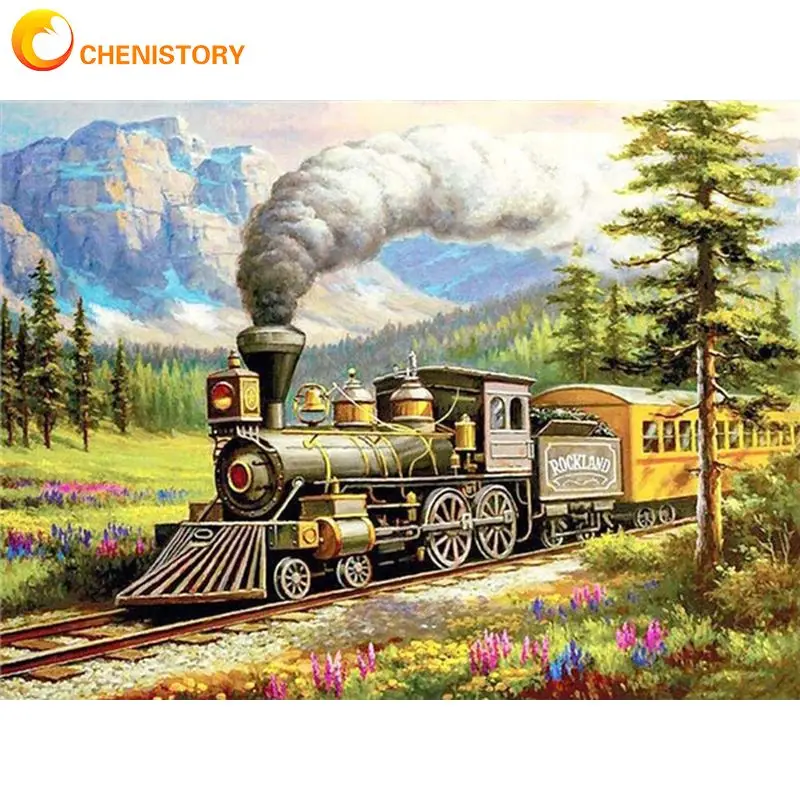 

CHENISTORY Frame DIY Oil Painting By Numbers For Adults Forest Train Coloring By Numbers Scenery Handmade For Home Decor