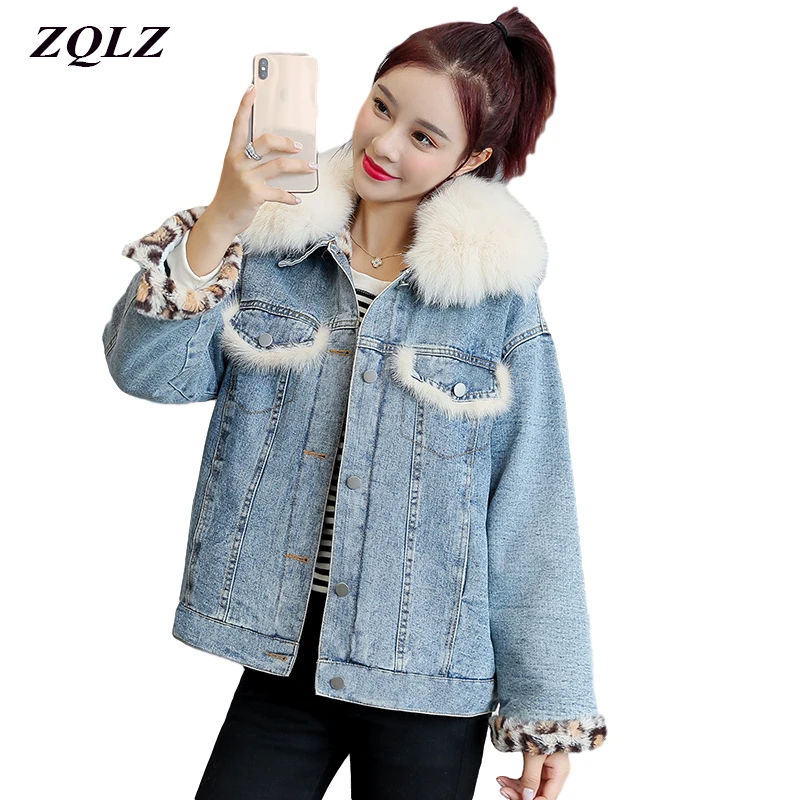 Женская зимняя джинсовая куртка ZQLZ модная свободная однобортная с меховым