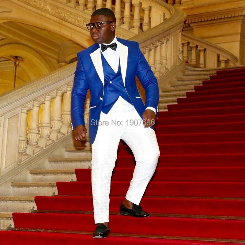

Slim fit Men Suits for Wedding 3 piece Royal Blue Jacket Vest with White Pants Man Fashion Groom Tuxedos with Notched Lapel