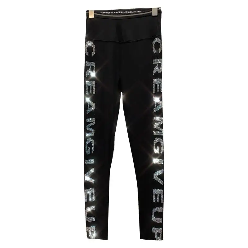 

2021 Spring Women Pants Sequin Side Letter Hot Drill Slim Fit High Waist Leggings Pants