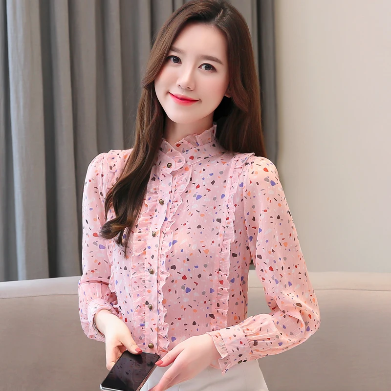 Осенние корейские модные шифоновые женские рубашки с оборками и длинным рукавом