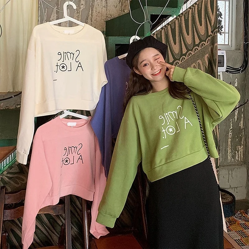 

Хлопковый тонкий короткий свитер с круглым вырезом, Женская осенне-зимняя Корейская Студенческая рубашка с длинным рукавом, повседневный ж...