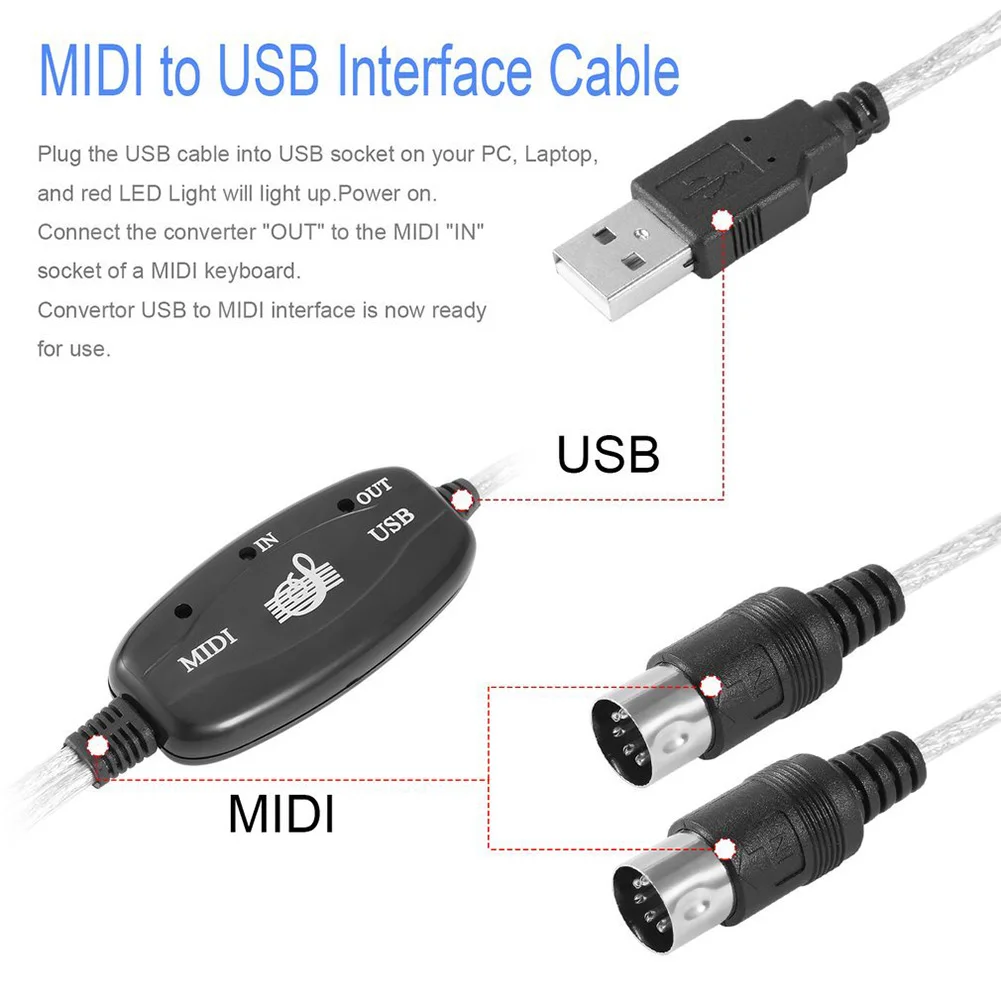 MIDI to USB Interface Cable Adapter for Keyboard Electronic Drum PC Music Cord FH99 |