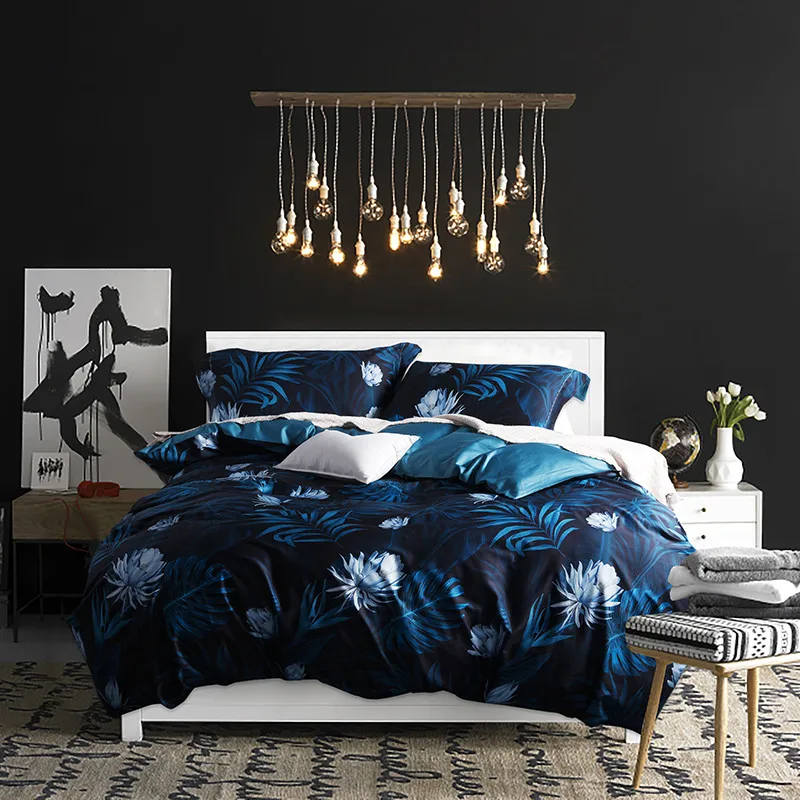 

600TC Egyptian Cotton dark blue plants Bedding set King Queen Size Bed set Duvet Cover Bedsheet set parrure de lit