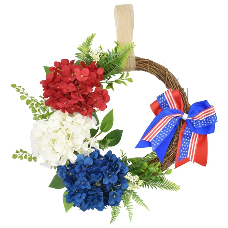 

Artificial Hydrangea Wreath American Patriotic Independence Day July 4Th Wreath for Front Door Wall Window Decoration