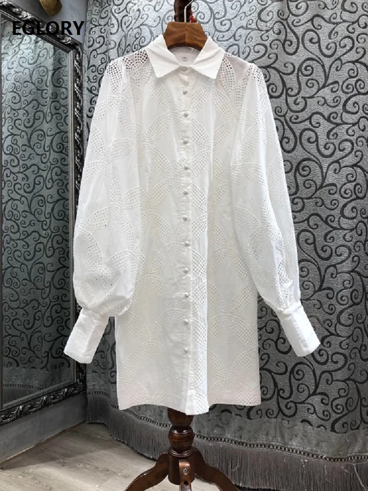 

New Arrival Long Shirt Dress 2021 Spring Summer High Quality Clothing Women Turn-down Collar Hollow Out Embroidery Dress Button