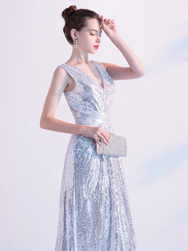 

Women's long formal prom evening dress Plus size sequined mermaid wedding party dress sexy V neck silver cocktail party dress
