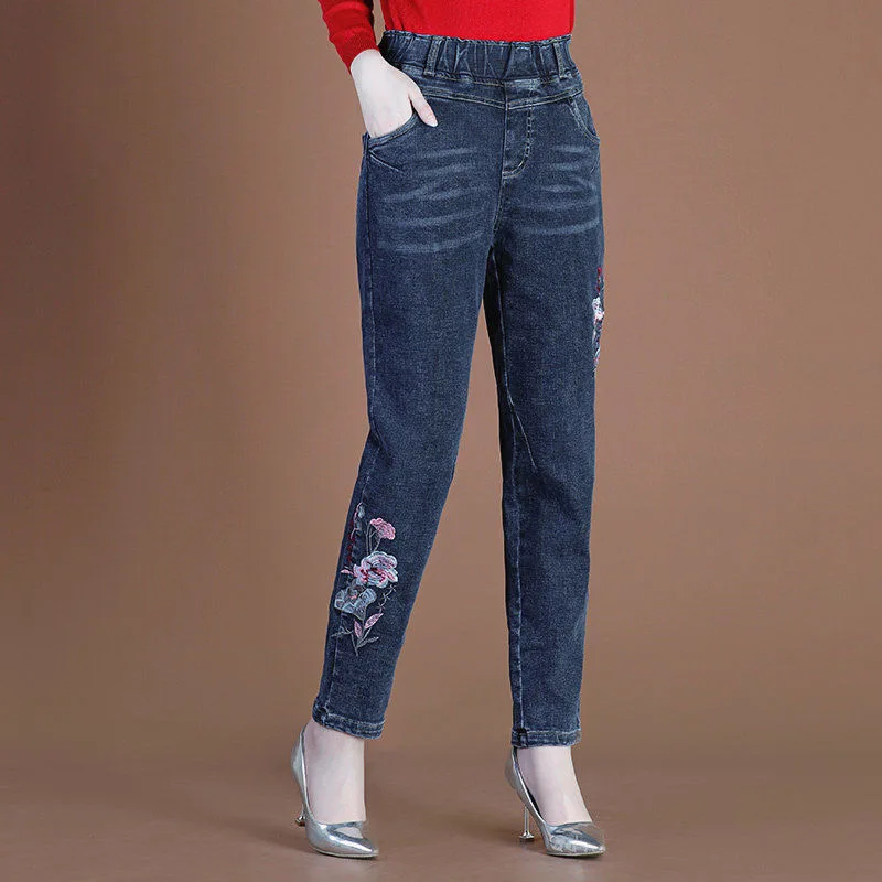 Mom's Embroidered Floral Straight Jeans Oversized 34 High Waist Harem Denim Pants Trendy Loose Vintage Cowboy Trousers Women New